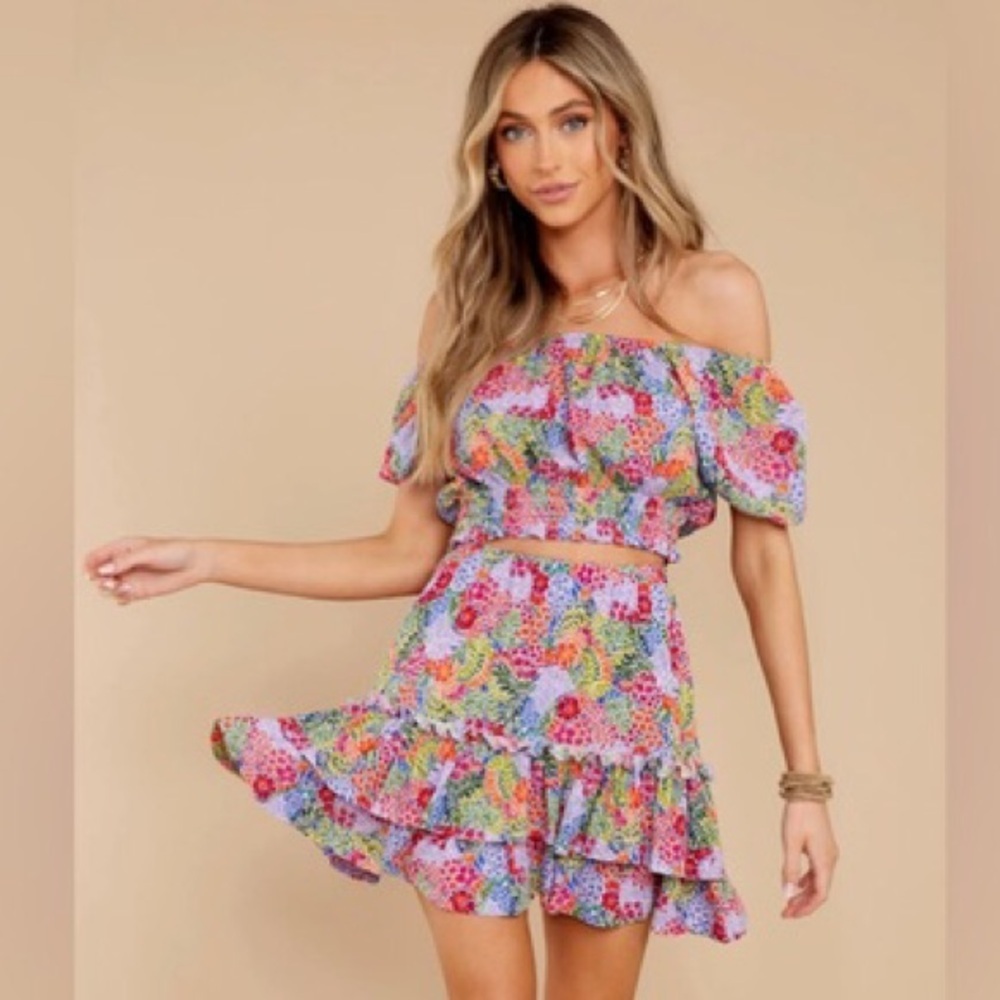 Aura Floral Set off shoulder top ruffle tiered skirt lavender red colorful